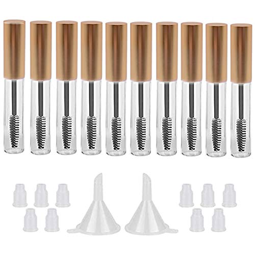 GTHER 10PCS 10ML Empty Mascara Tube Bottle with Eyelash Wand & Rubber Inserts & Funnels Set for Castor Oil/Eyelash Growth Oil, DIY Mascara Eyelash Cream Container with Cap, Matte Gold - color: Matte Gold
