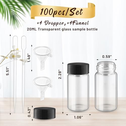100 Pack,Glass Essential Oil Bottle with Screw Caps,Empty Refillable Travel Glass Liquid Sample Vial Labs Preservation Storage Leakproof Vials Test Container with Black Screw Caps (Clear, 20ml) - color: Clear, size: 20ml