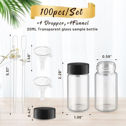 100 Pack,Glass Essential Oil Bottle with Screw Caps,Empty Refillable Travel Glass Liquid Sample Vial Labs Preservation Storage Leakproof Vials Test Container with Black Screw Caps (Clear, 20ml) - color: Clear, size: 20ml