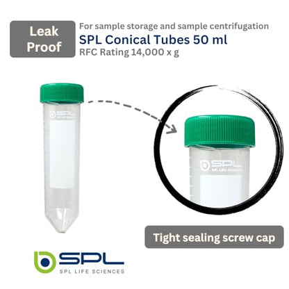 SPL 50ml Conical Centrifuge Tube Polypropylene Screw Cap, Sterile Non - pyrogenic, Non - cytotoxic, DNase/RNase - Free, Human DNA - Free Resealable Bags (25 Tubes) - size: 25 Tubes