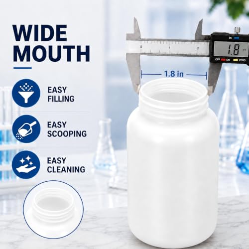 METAPACK 5 Pack 6.8 oz White HDPE Wide Mouth Lab Sample Bottles with Screw Caps, Removable Inner Caps and Labels, Plastic Sample Containers for Liquids, Powders, Granules, lab samples and Small Parts