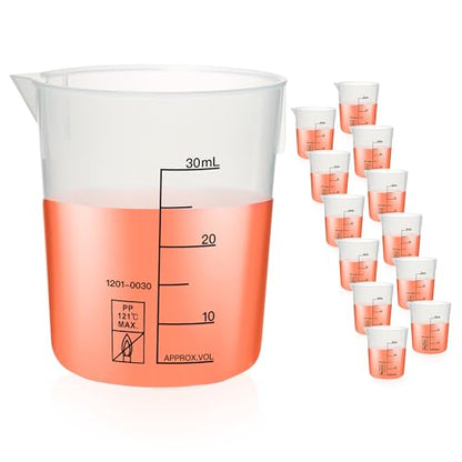 12pcs Plastic Beakers, 12pcs of Vol.30ml Lab Beakers Plastic Measuring Cup, PP Material, with Black Printed Graduation,BKLP25A12