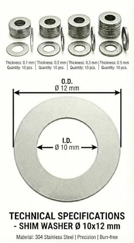 10x12mm Shim Washers Stainless Steel 40pc 0.1-0.5mm 10mm ID - size: 10x12