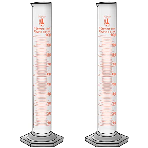 100ml Graduated Cylinder, Borosilicate 3.3 Glass, Single Metric Scale, Class B, Karter Scientific 246I7 (Pack of 2) - size: 100ml, style: Pack of 2