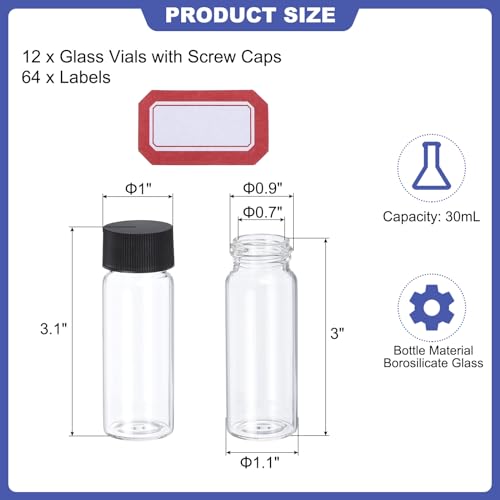 PATIKIL 30ml Clear Glass Vials, 12 Pack Sample Vials with Screw Cap Reagent Media Bottle with Labels Leak-Proof Liquid Sample Glass Vial for Lab Laboratory - color: Transparent, size: 30ml