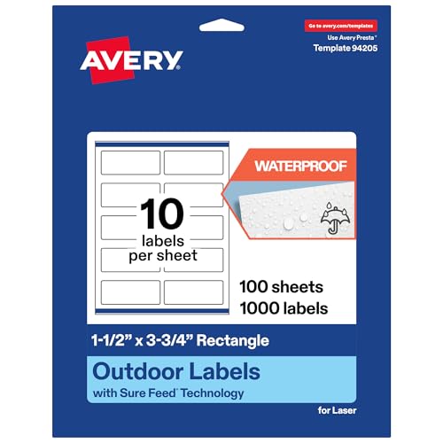 Avery Outdoor Waterproof Rectangle Labels with Sure Feed Technology, 1.5" x 3.75", White Film, Print-to-the-Edge, Compatible with Laser Printers, 1000 Labels Total - style: 1,000 labels