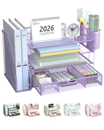 WALI Desk File Organizer, 4 Tier Desktop Paper Letter Tray Organizer with Drawer and 2 Pen Holders, Office Desk Accessories & Workspace Organizers for Office, Home Supplies(DO005DH-V), 1 Pack, Purple - color: Purple, size: 4-Tier