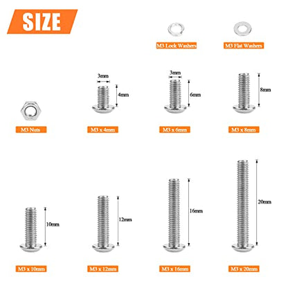 HELIFOUNER 560 Pieces M3 x 4mm /6mm /8mm /10mm /12mm /16mm /20mm, Button Head Socket Cap Screws Bolts Washers Nuts Kit, 304 Stainless Steel - size: M3, style: Button Head Socket Cap