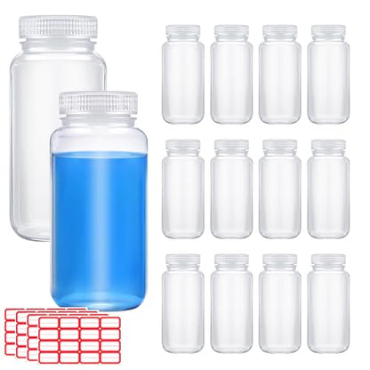 12 Pcs 32 oz 1000ml Polypropylene Wide Mouth Reagent Bottle with Screw Caps and Labels Plastic Sample Storage Containers for Laboratory, Classroom, Home