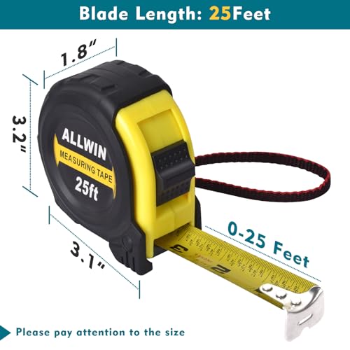 Tape Measure 25 Ft - 5 Pack Bulk Metal Retractable Tape Measure with Fractions, Easy Read, 1-inch Wide X 25 Foot