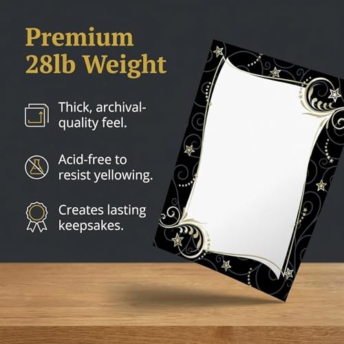 PaperDirect Elegant Celebration Border Paper, Black and Gold Scrolls with Stars on White Canvas, 8.5 x 11, Acid-Free, Stationery for Invitations, Flyers, Cards, 25 Sheets - color: Spectacular In Black