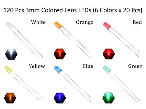 3mm 6 Colors x 20pcs (120pcs) Assorted Colors Lights LED Diodes (Colored Lens) Diffused Round Lens 29mm Long Lead +200pcs Resistors (for DC 6-12V) Included,Bulb Lamps Light Emitting Diode - color: [01] 6 Color X 20pcs / 120pcs, style: 3mm Constant Light