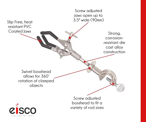 Eisco Lab Clamp for Lab Stand, Beaker Holder or Flask Clamp - Heat Resistant PVC Coated Prongs for Holding Objects up to 3.5 Inch Diameter - Boss Head Connects to Lab Stand Rods - size: 1 Pack