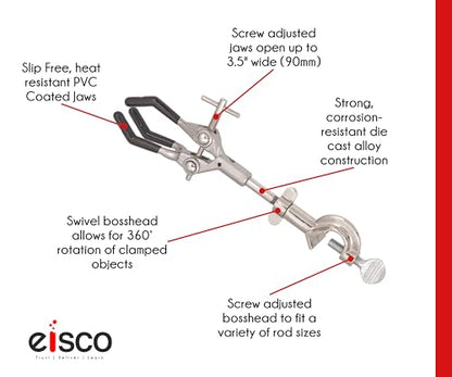 Eisco Lab Clamp for Lab Stand, Beaker Holder or Flask Clamp - Heat Resistant PVC Coated Prongs for Holding Objects up to 3.5 Inch Diameter - Boss Head Connects to Lab Stand Rods - size: 1 Pack