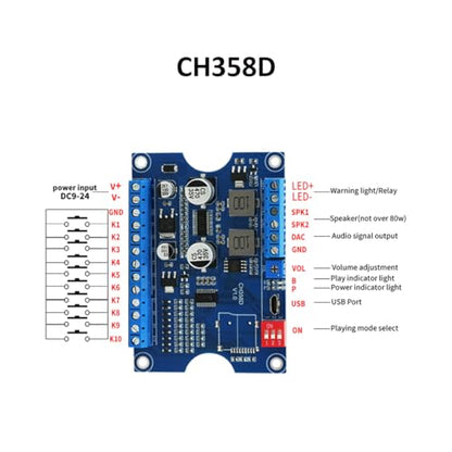 Voice Playback Module, 80W Low Lever Trigger 8MB DC 9-24V CH358D Voice Board, Support USB Download, MP3 Hardware Decoding,10-Way Button One-to-One, 8 Combined Playback Chips for Industry Broadcast. - size: JR-CH358D-Voice Playback Board