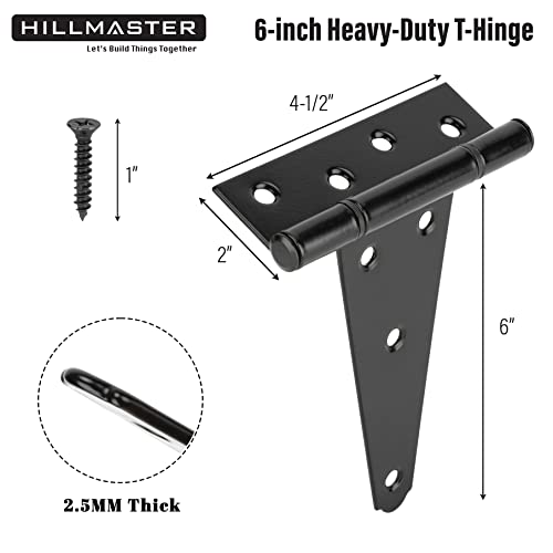 HILLMASTER 6 Inch T-Strap Heavy Duty Shed Door Hinges Gate Strap Hinges Black Tee Hinge Wrought Hardware for Wooden Fences,Yard,Barn Door,Rustproof(2 Pack) - size: 6in 2Pack