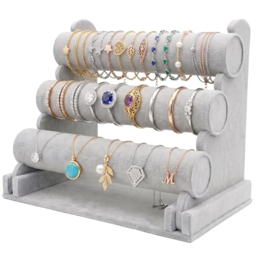 Barelove Velvet Bracelet Holder with 3 Tier Rack, Grey T-Bar Storage Organizer Detachable Display Stand for Necklace Watch Bangles Bracelets Scrunchies Organization Showcase - color: Grey