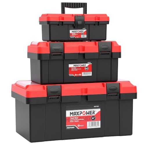 MAXPOWER 3-Pc Portable Plastic Tool Box Set 12" 16" 19", Lockable, Red - color: Red, size: 12" 16" 19"