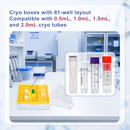 2in PC Cryo Boxes, 81-Well Tube Racks, Case of 20, Yellow - color: Yellow, size: 2in,81-well