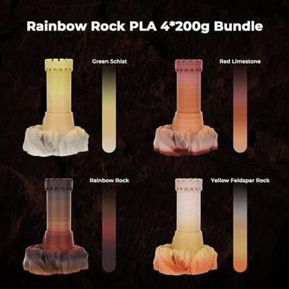 AMOLEN Marble PLA Filament 1.75mm Bundle, Rainbow Rock PLA 3D Printer Filament, 3D Printing Filament Dimensional Accuracy +/- 0.02 mm, 200gX 4 Spools Fit Most FDM Printer - color: Marble Green Schist/Rainbow Rock/Yellow Feldspar Rock/Red Limestone