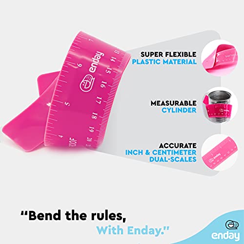 Flexible Ruler Pink, 12 in (30 cm) Soft Plastic Shatter Resistant Straight Edge Ruler, Bendable Kids & Adults Ruler w/Inches & Metrics Also Available in Blue, Purple, Red, Grey, Green, 1 Pc –By Enday - color: Pink