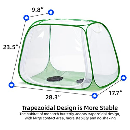 Outdoor Pop-up Large Insect and Butterfly Net Habitat，with Rainproof top Cover Increase Survival Rate, Windproof Trapezoidal Design，Collapsible Caterpillar Growing Mesh Cage Terrarium