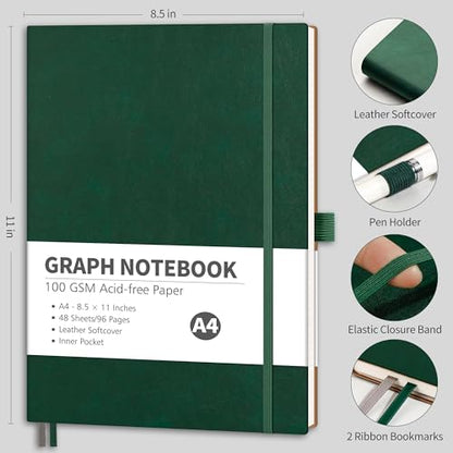 RETTACY Graph Grid Paper Notebook, 96 Pages, A4 Large Size (8.5'' x 11'') - color: Dark Green, style: Grid
