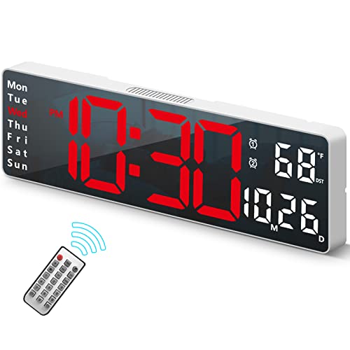Digital Clock, Digital Wall Clock for Living Room Decor, Desk Alarm Clock for Bedroom, Large Wall Clock with Remote Control, Automatic Brightness Dimmer LED Clock with Date Temperature Week (Red-W) - color: White Case+red Digit