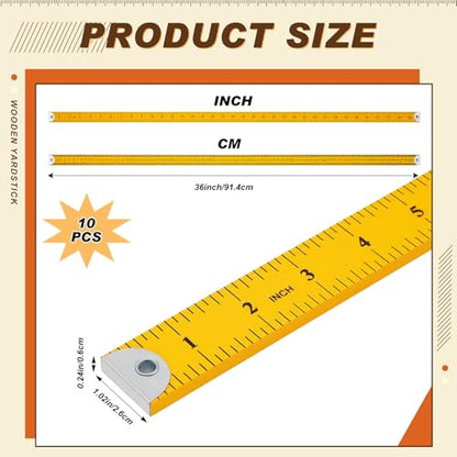 Hoteam 10 Pcs Wooden Yardstick 36 in Meter Ruler with Hang Hole, Yellow - color: Yellow