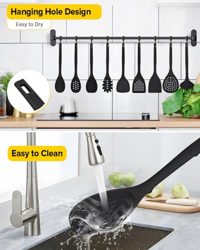 BUNDLEPRO Silicone Cooking Utensils Set, 9 Pcs Kitchen Utensils, One-Piece - color: Black