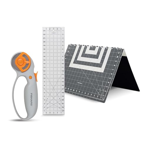 Fiskars 3-Piece Fabric Cutting Set, Rotary Cutter, Cutting Mat & Ruler
