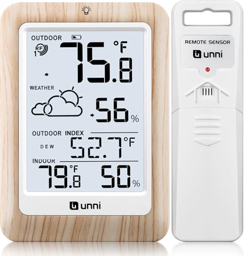 Indoor Outdoor Thermometer Hygrometer Wireless Weather Station | Temperature Humidity Monitor Battery Powered Inside Outside Thermometers with 330ft Range Remote Sensor and Backlight Display - color: Wood