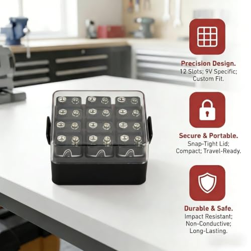 ALCYON 9V Battery Organizer Storage Case, Battery Vault Box Container for 12pcs 9V Batteries, Plastic Clear Protective Battery Holder for Travelling/Home/Office (Box Only, Black) - color: Black, size: 12+9V Batteries