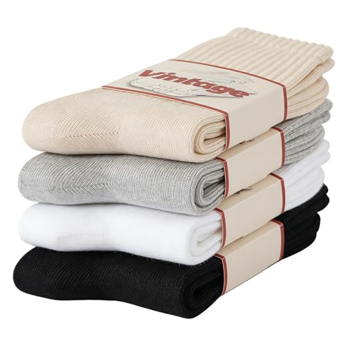 DAUCO 4 Pairs 98% Cotton Socks for Men Women Crew Seamless Fall Slouchy Socks - color: 4 Pairs - Black + White + Gray + Beige, size: 5-10