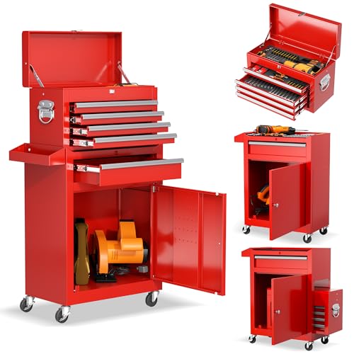 Oakcloud Heavy-Duty 5-Drawer Rolling Tool Chest & Cabinet Combo with Black Liner – Lockable Steel Garage Tool Box on Wheels – Detachable Top Toolbox & Bottom Storage Cart with Side Hooks, Red - color: Red, size: 5-drawer