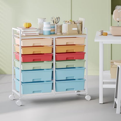 TOOLF 12 Drawers Rolling Storage Cart with Wooden Top for Classroom,Rainbow - color: Rainbow