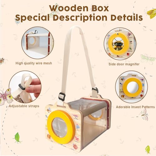 Wooden Insect Observation Kit for Kids,10Pcs Outdoor Nature Explorer Set, Insect Habitat Cage,Butterfly Net,Magnifying Glass,Compass STEM Education Toy, Birthday Backyard Gift for 3+ Boys & Girls