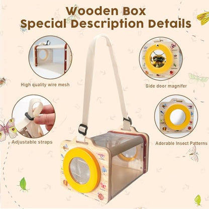Wooden Insect Observation Kit for Kids,10Pcs Outdoor Nature Explorer Set, Insect Habitat Cage,Butterfly Net,Magnifying Glass,Compass STEM Education Toy, Birthday Backyard Gift for 3+ Boys & Girls