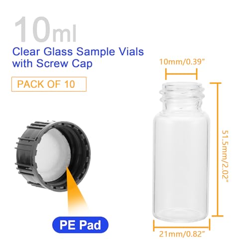 Kesell 10-Pack 10ml Clear Glass Vials with Screw Caps - size: 10ml-10 pack