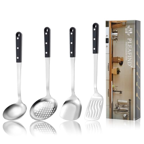 Pleafind 4-Pcs Cooking Utensils Set, Stainless Steel Kitchen Utensils, Mirror Polished Kitchen Essentials Set Include Wok Ladle, Slotted Spoon, Wok Spatula ＆Slotted Spatula, Dishwasher Safe - color: Brown