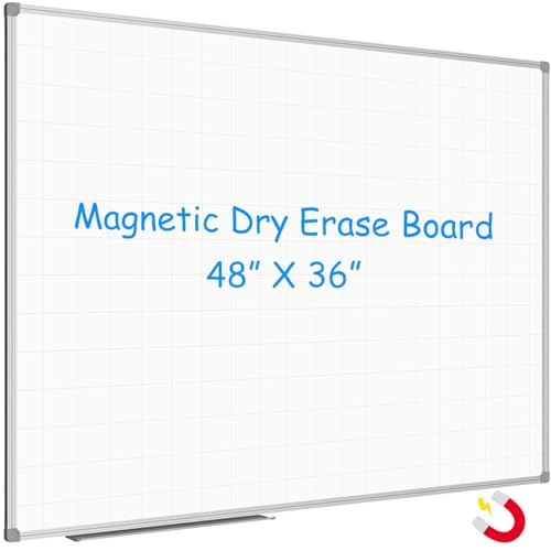 JILoffice Magnetic Dry Erase Planning Board, Grid Pattern White Board 48 x 36 Inch, Silver Aluminum Frame with Detachable Marker Tray for Office School and Home - color: Silver, size: 48"W x 36"H