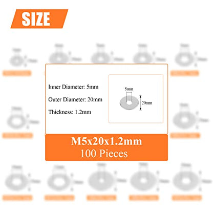 HELIFOUNER 100 Pieces M5x20x1.2mm Fender Washers, 304 Stainless Steel Large Fender Washers, Inner Diameter 5mm, Outer Diameter 20mm, Thickness 1.2mm - size: M5x20x1.2mm