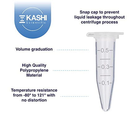 Kashi Scientific 0.5mL Clear Snap Cap Microcentrifuge Tube with Graduation, Lab Grade Polypropylene Plastic [0.5mL, 1000] - size: 0.5mL