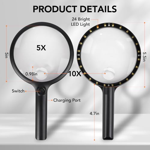 2000mah Rechargeable Handheld Magnifying Glass with 24 LED Lights, 5X 10x Reading Magnifier Large 5 inch Lens, 3 Light Modes for Seniors Reading, Inspection (Black) - color: Black