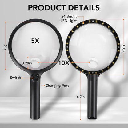2000mah Rechargeable Handheld Magnifying Glass with 24 LED Lights, 5X 10x Reading Magnifier Large 5 inch Lens, 3 Light Modes for Seniors Reading, Inspection (Black) - color: Black