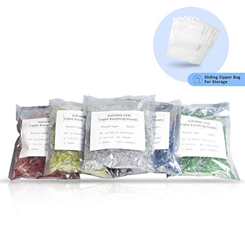 DiCUNO 5000pcs(5 Colors x1000pcs) 5mm LED Light Emitting Diode Assorted Kit