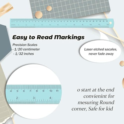 5 Pack Metal Ruler 12 Inch, Stainless Steel Ruler Kit with Centimeters, Millimeters, Inches and Conversion Table for Office and School, Easy to Read Metric Rule Set