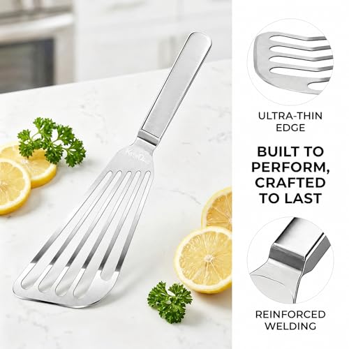 KSENDALO 1 Thin Flexible & Sturdy Fish Spatula Stainless Steel for Kitchen Cooking Use Fish Spatula Egg Flipper BBQ Flipper Stainless Steel Blade Thin Flexible, Welded Middle, Dishwasher Safe -Silver