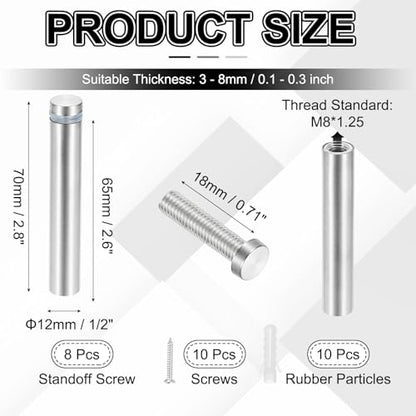 PATIKIL 1/2x2.8" Standoff Screws, 8 Pack Stainless Steel Stand Off Wall Mounts Wall Sign Mounting Hardware Advertising Standoff Nail for Hanging Acrylic Signs Picture Frame, Silver - size: 1/2x2.8"