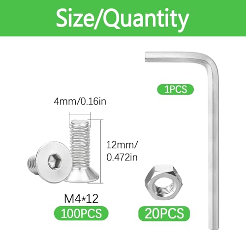 120Pcs M4x12mm Stainless Steel Flat Head Socket Cap Screws, Full Thread Allen Drive Countersunk Bolts, Bright Finish, Ideal for DIY & Home Repair - size: M4x12